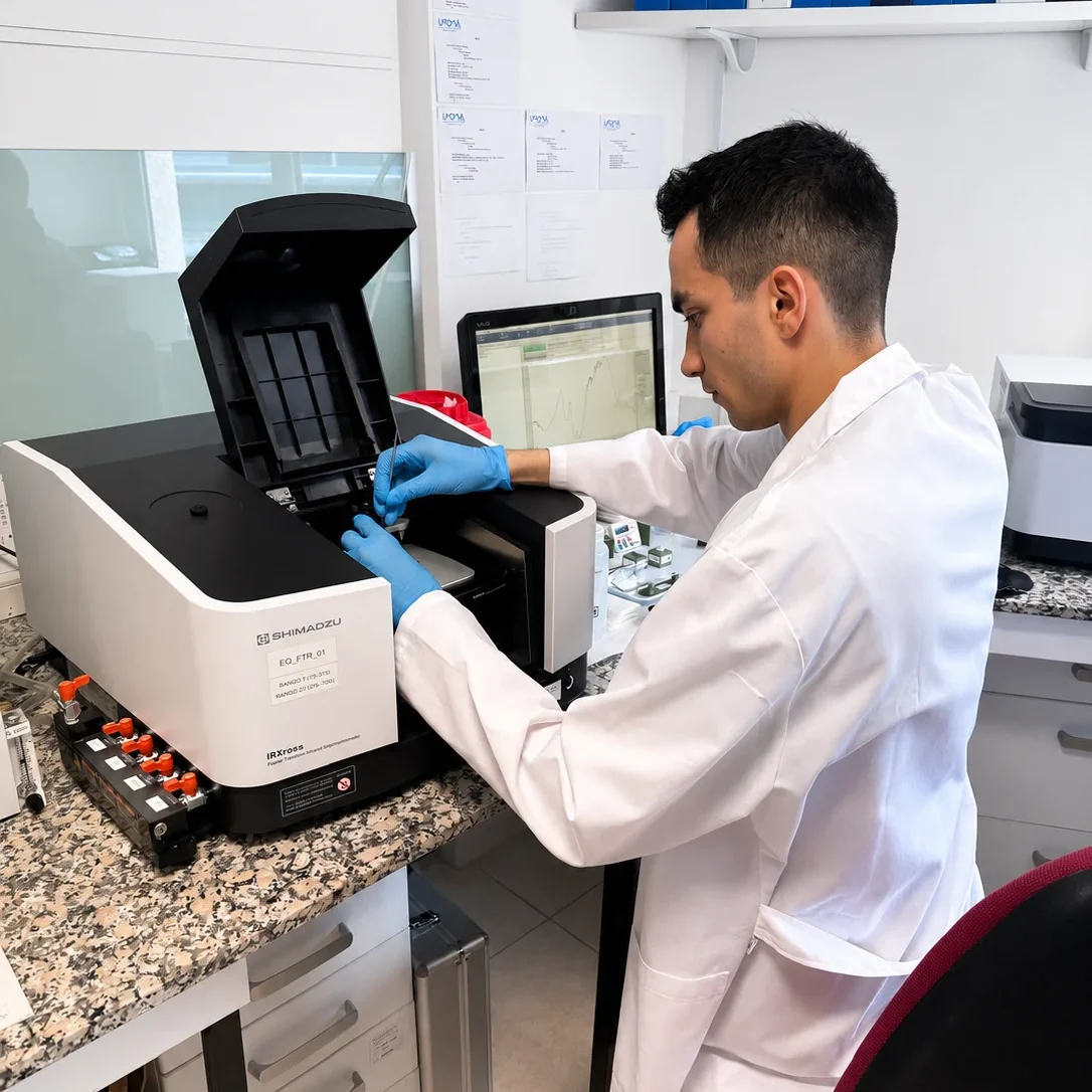 Samuel García, investigador de Amber Health Solutions, analiza muestras de plasma en el espectrómetro FTIR como parte del proyecto de detección precoz del cáncer.